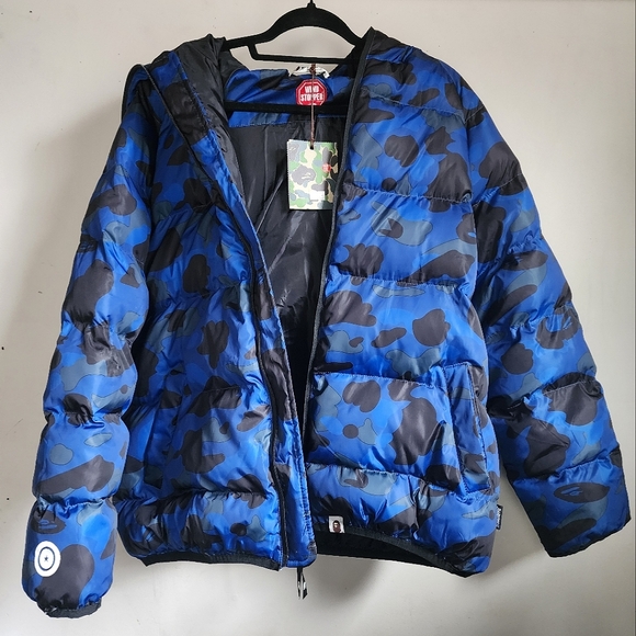 NWT Authentic Bape Blue Camo Shark Puffer Coat - Picture 1 of 16